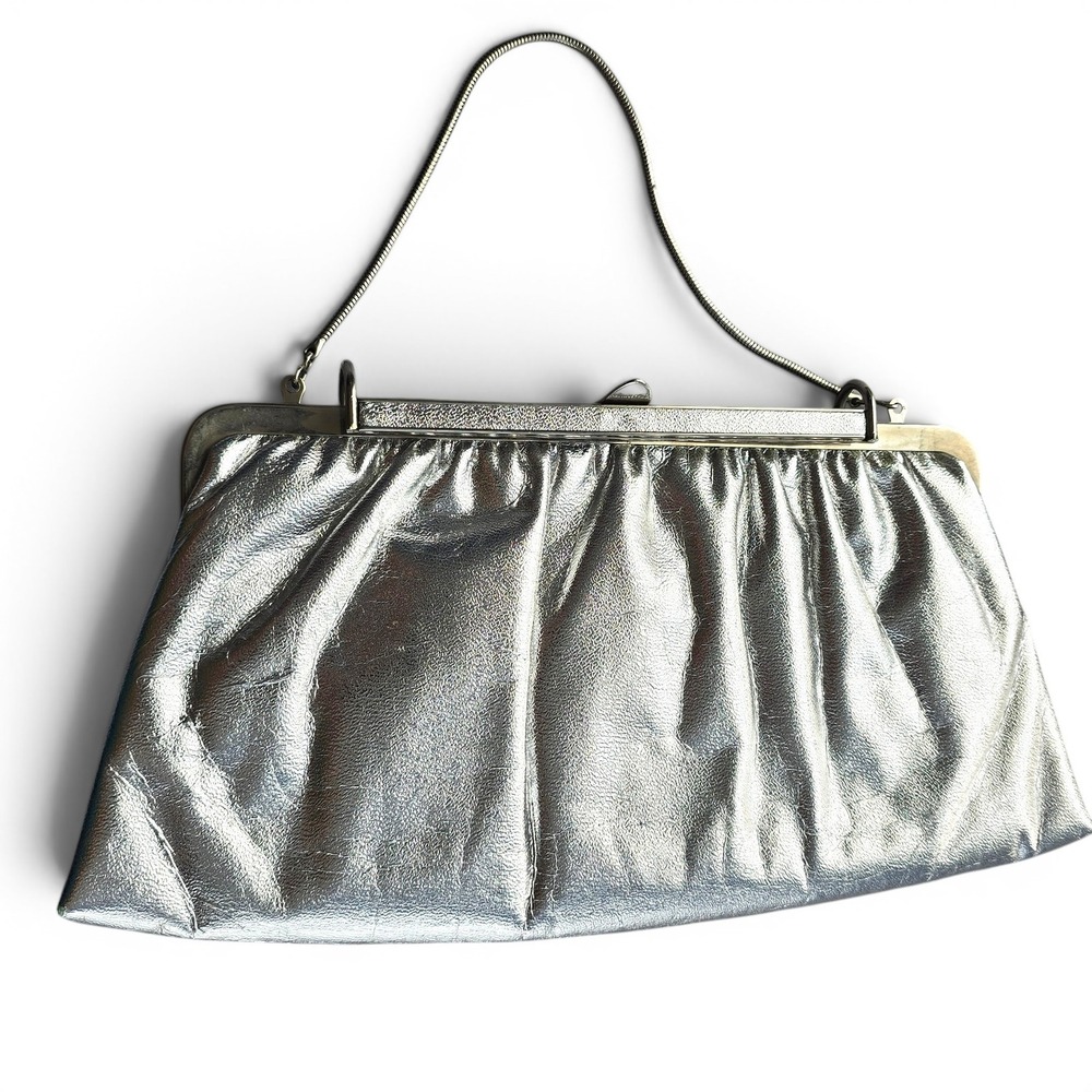 Vintage Silver Metallic Evening Clutch Bag Snake Chain Strap Retro
